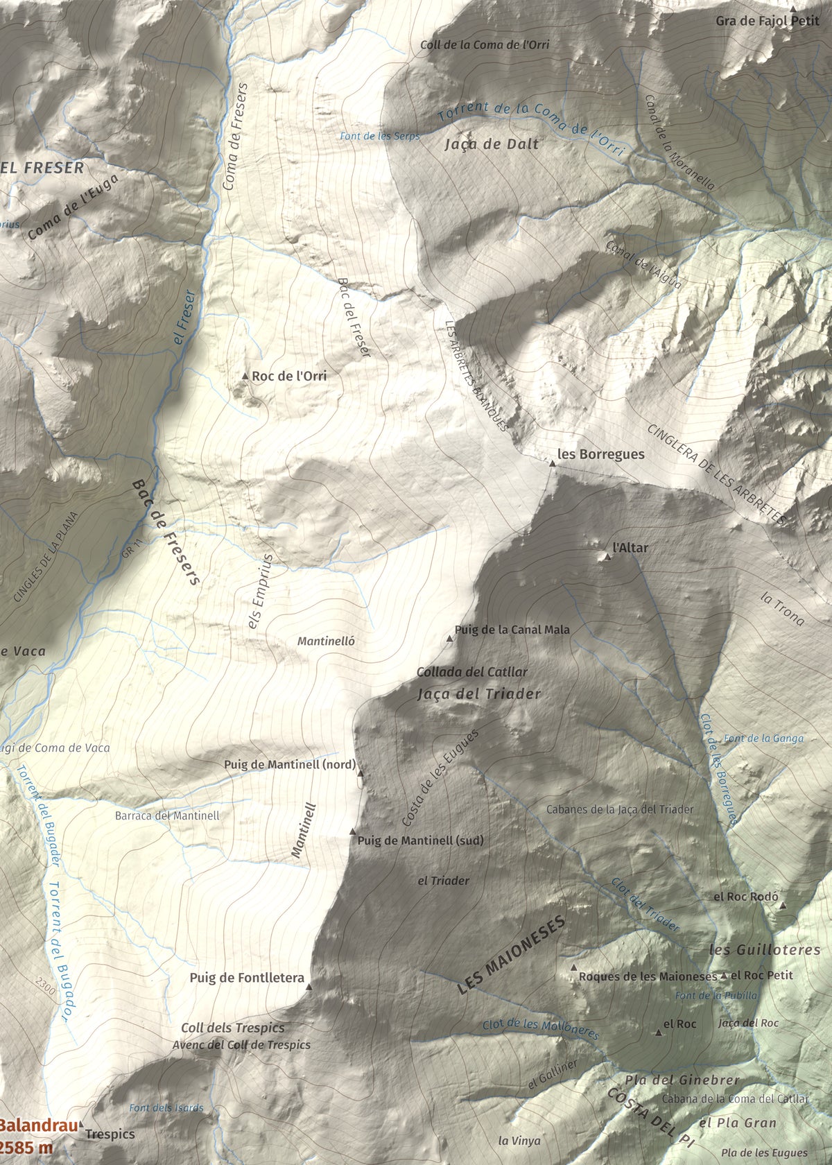 Mapa de relieve de Balandrau, 2585 m, Ripollès, lámina 100 Cims de Trobart. Detalle de la zona superior derecha. 50 × 70 cm.