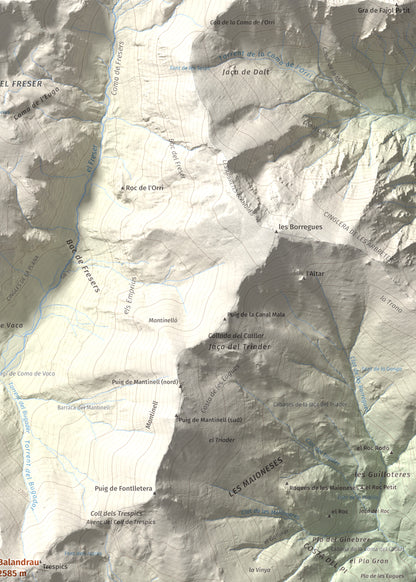 Mapa de relieve de Balandrau, 2585 m, Ripollès, lámina 100 Cims de Trobart. Detalle de la zona superior derecha. 50 × 70 cm.