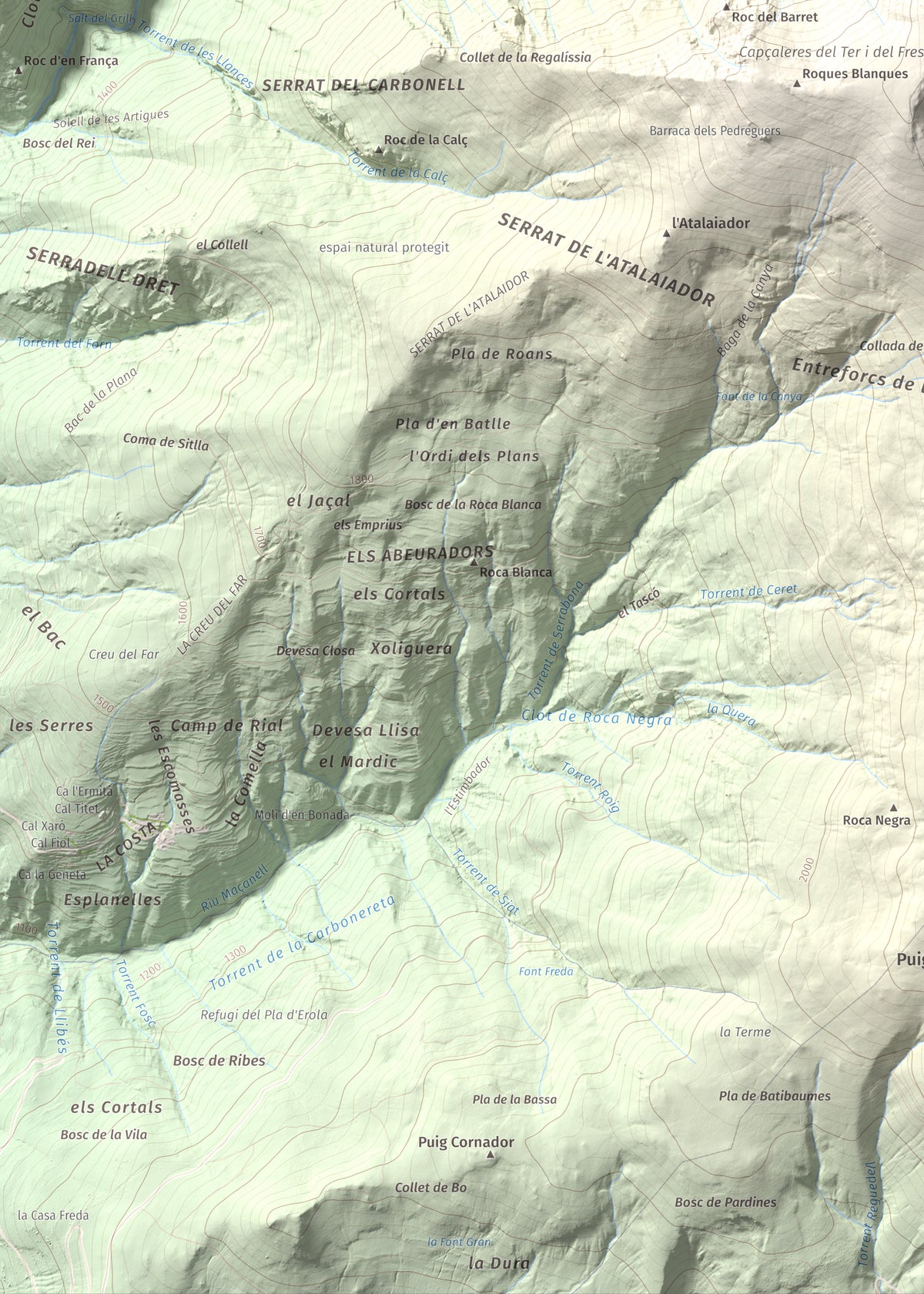 Mapa de relieve de Balandrau, 2585 m, Ripollès, lámina 100 Cims de Trobart. Detalle de la zona inferior izquierda. 50 × 70 cm.