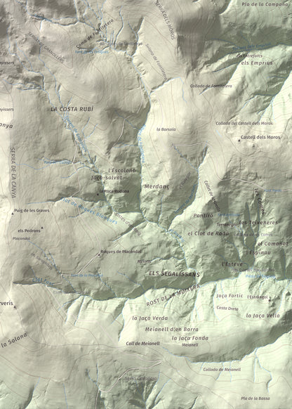 Mapa de relieve de Balandrau, 2585 m, Ripollès, lámina 100 Cims de Trobart. Detalle de la zona inferior derecha. 50 × 70 cm.