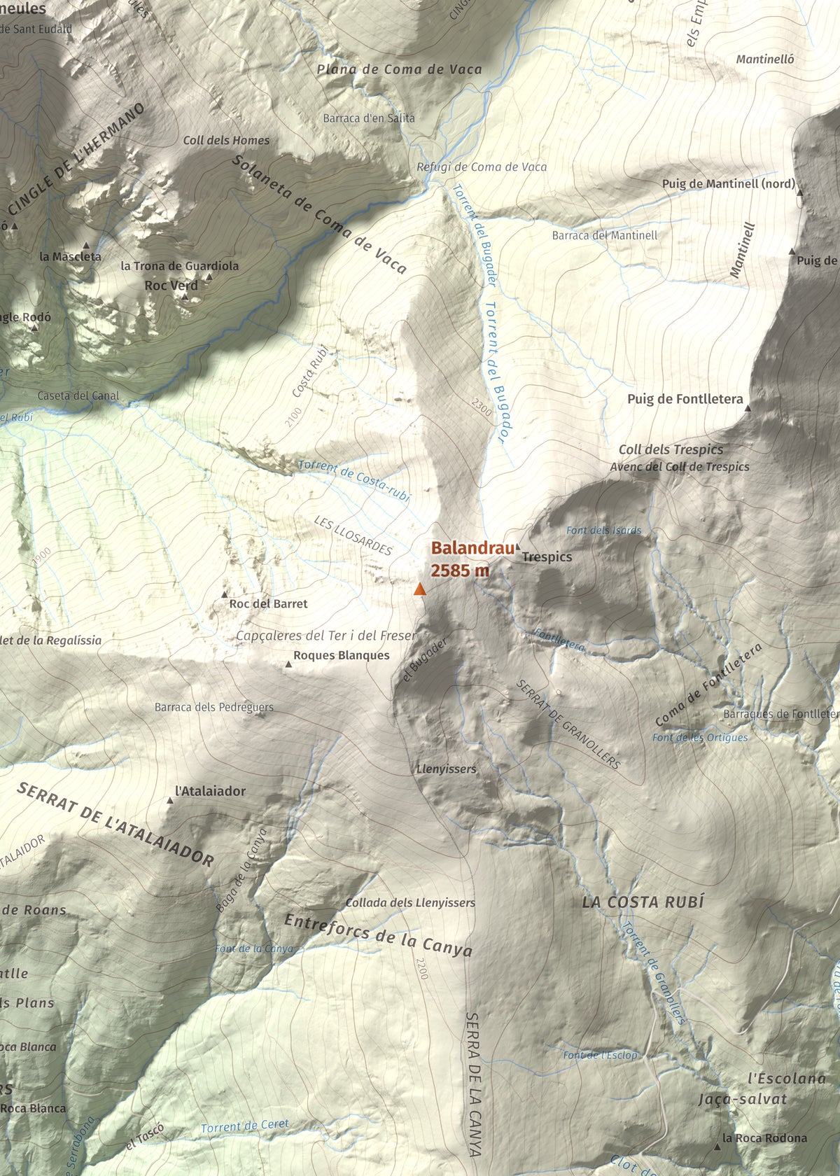 Mapa de relieve de Balandrau, 2585 m, Ripollès, lámina 100 Cims de Trobart. Detalle de la zona central. 50 × 70 cm.