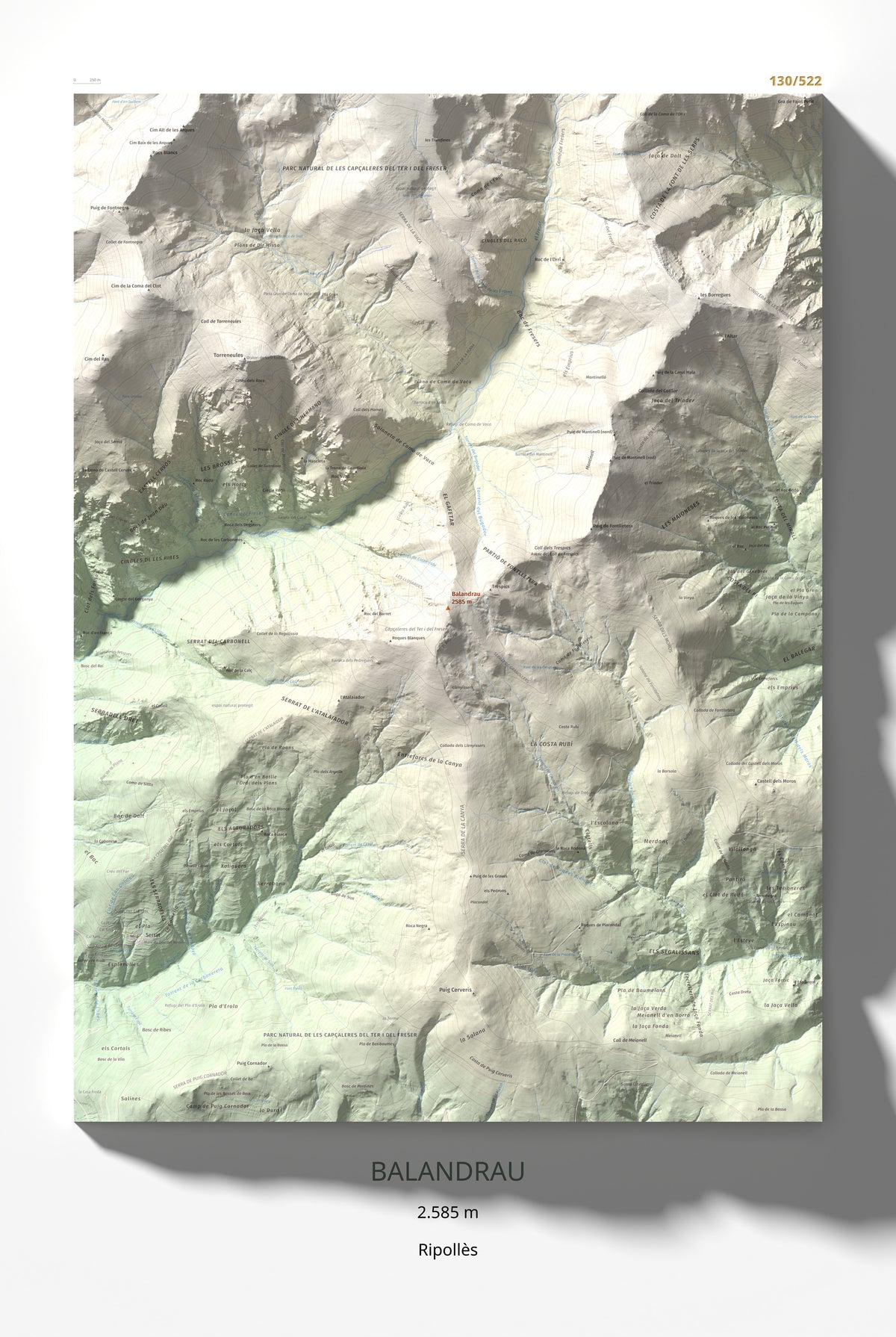 Mapa de relieve de Balandrau, 2585 m, Ripollès, lámina 100 Cims de Trobart 61 × 91 cm.