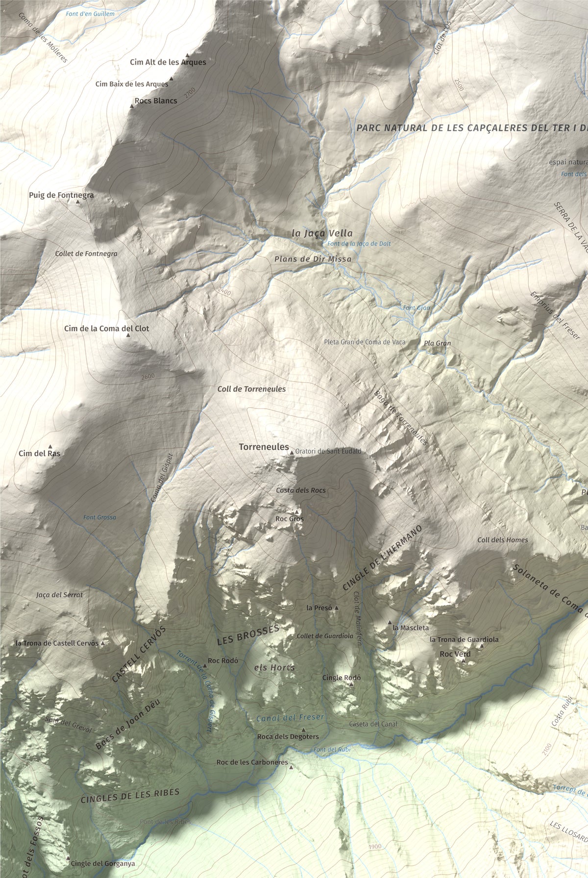 Mapa de relieve de Balandrau, 2585 m, Ripollès, lámina 100 Cims de Trobart. Detalle de la zona superior izquierda. 61 × 91 cm.
