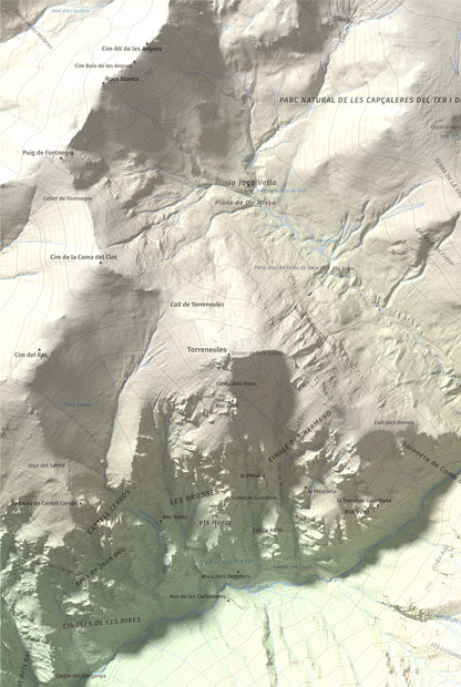 Mapa de relieve de Balandrau, 2585 m, Ripollès, lámina 100 Cims de Trobart. Detalle de la zona superior izquierda. 61 × 91 cm.