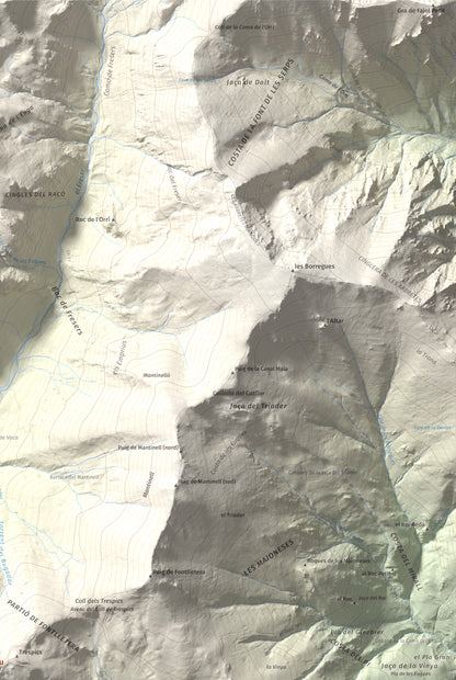 Mapa de relieve de Balandrau, 2585 m, Ripollès, lámina 100 Cims de Trobart. Detalle de la zona superior derecha. 61 × 91 cm.