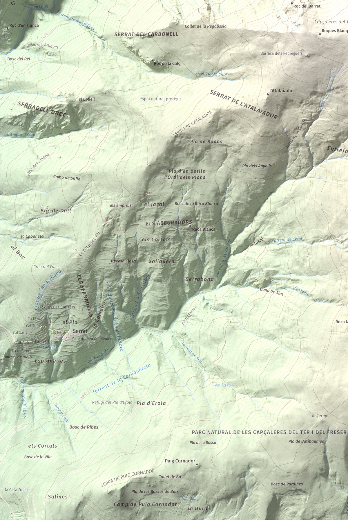 Mapa de relieve de Balandrau, 2585 m, Ripollès, lámina 100 Cims de Trobart. Detalle de la zona inferior izquierda. 61 × 91 cm.