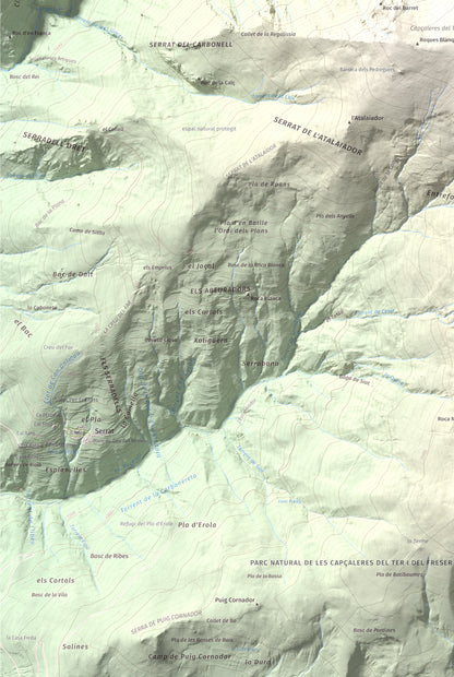 Mapa de relieve de Balandrau, 2585 m, Ripollès, lámina 100 Cims de Trobart. Detalle de la zona inferior izquierda. 61 × 91 cm.