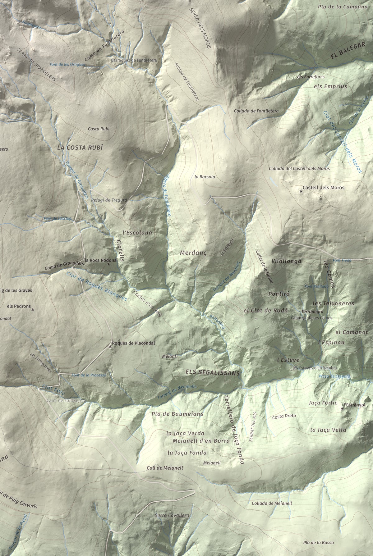 Mapa de relieve de Balandrau, 2585 m, Ripollès, lámina 100 Cims de Trobart. Detalle de la zona inferior derecha. 61 × 91 cm.