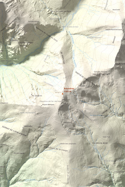 Mapa de relieve de Balandrau, 2585 m, Ripollès, lámina 100 Cims de Trobart. Detalle de la zona central. 61 × 91 cm.