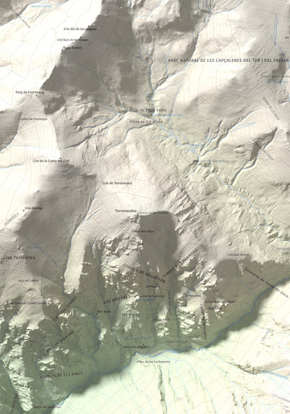 Mapa de relieve de Balandrau, 2585 m, Ripollès, lámina 100 Cims de Trobart. Detalle de la zona superior izquierda. 70 × 100 cm.