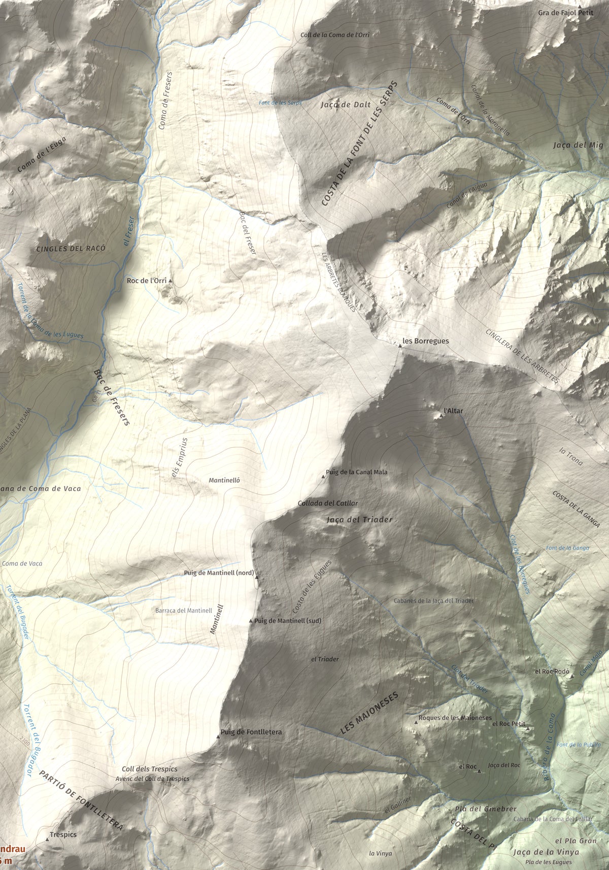 Mapa de relieve de Balandrau, 2585 m, Ripollès, lámina 100 Cims de Trobart. Detalle de la zona superior derecha. 70 × 100 cm.