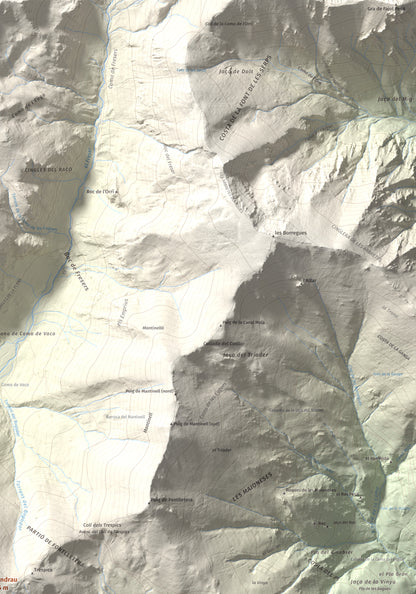 Mapa de relieve de Balandrau, 2585 m, Ripollès, lámina 100 Cims de Trobart. Detalle de la zona superior derecha. 70 × 100 cm.