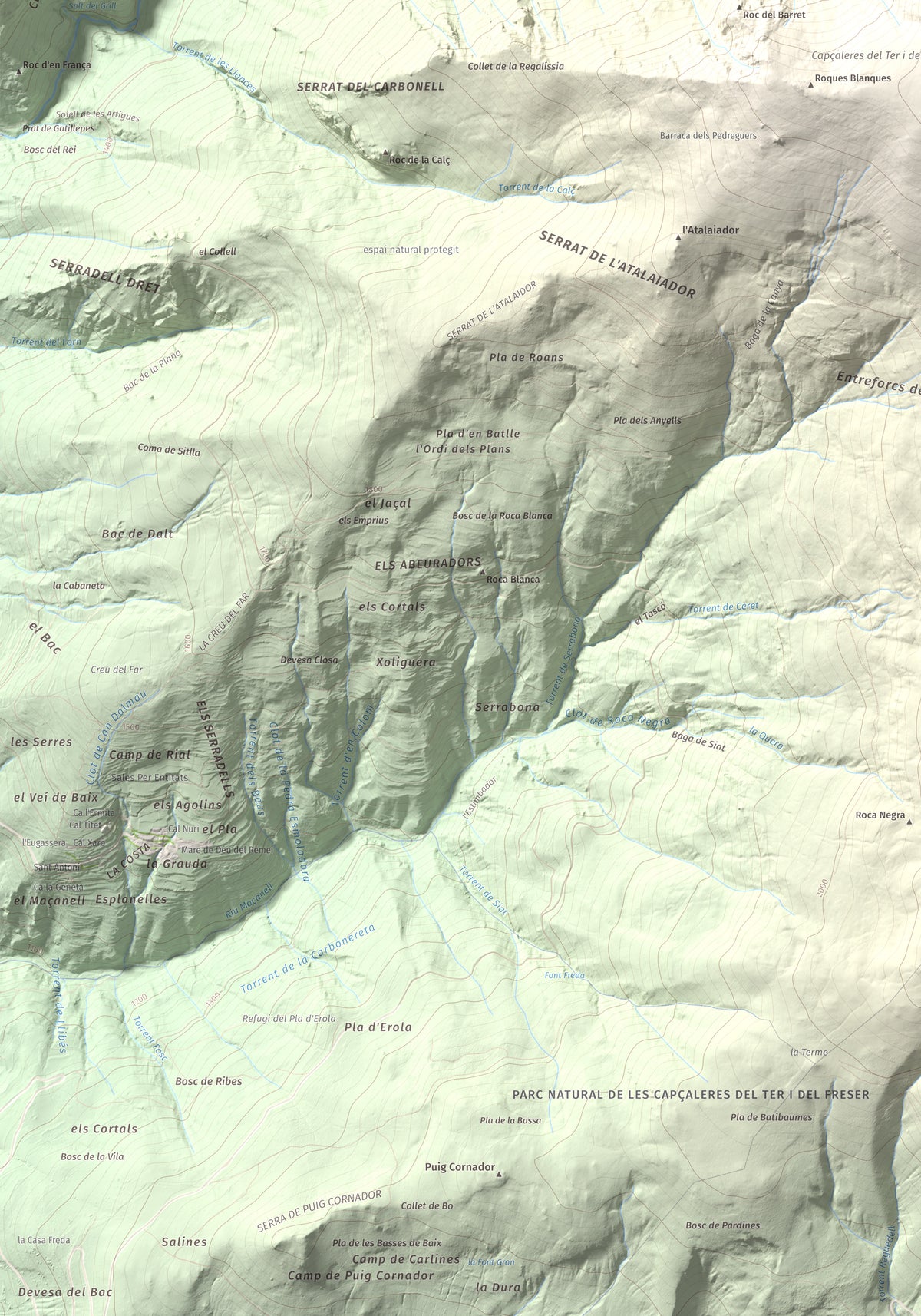 Mapa de relieve de Balandrau, 2585 m, Ripollès, lámina 100 Cims de Trobart. Detalle de la zona inferior izquierda. 70 × 100 cm.