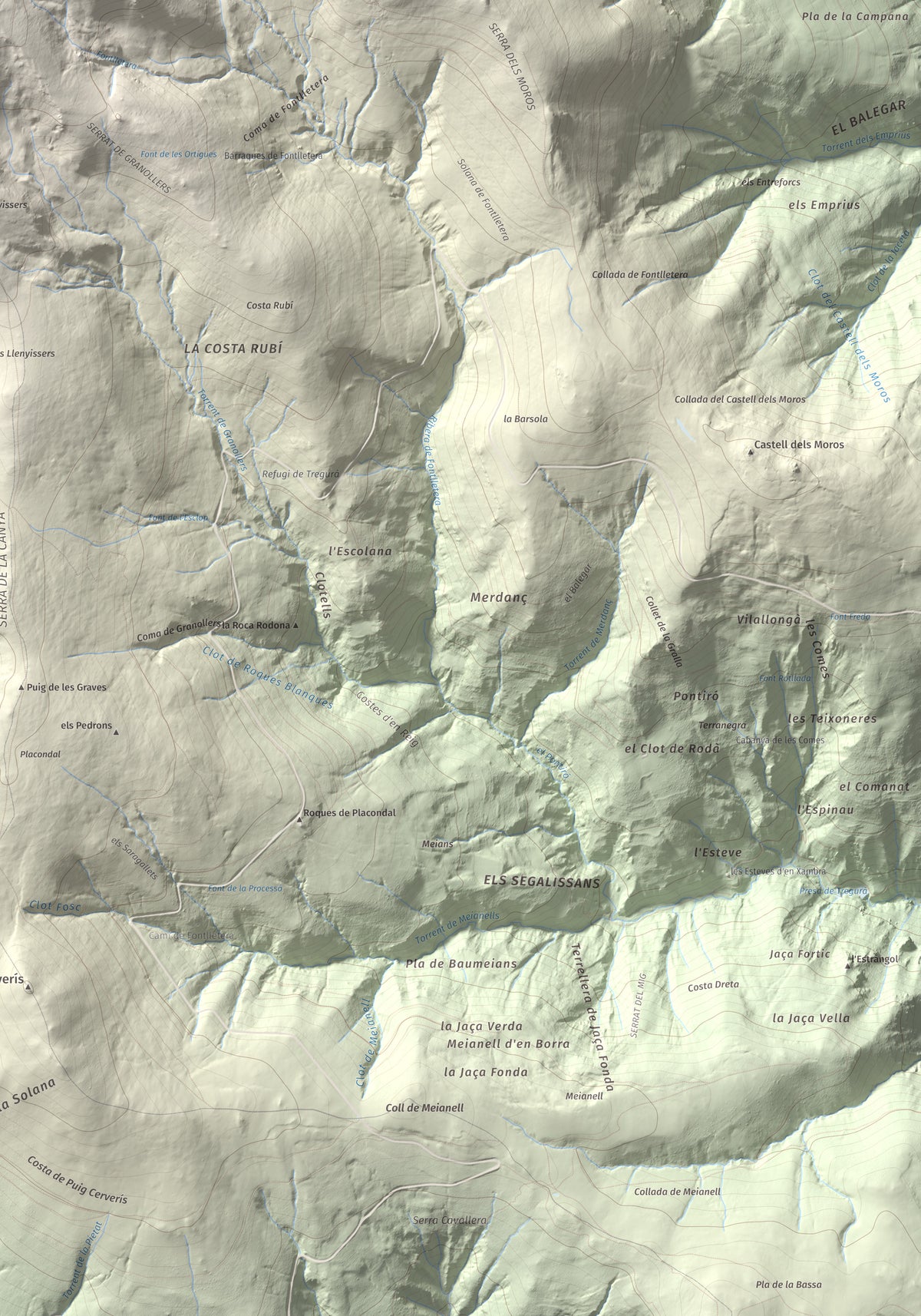 Mapa de relieve de Balandrau, 2585 m, Ripollès, lámina 100 Cims de Trobart. Detalle de la zona inferior derecha. 70 × 100 cm.
