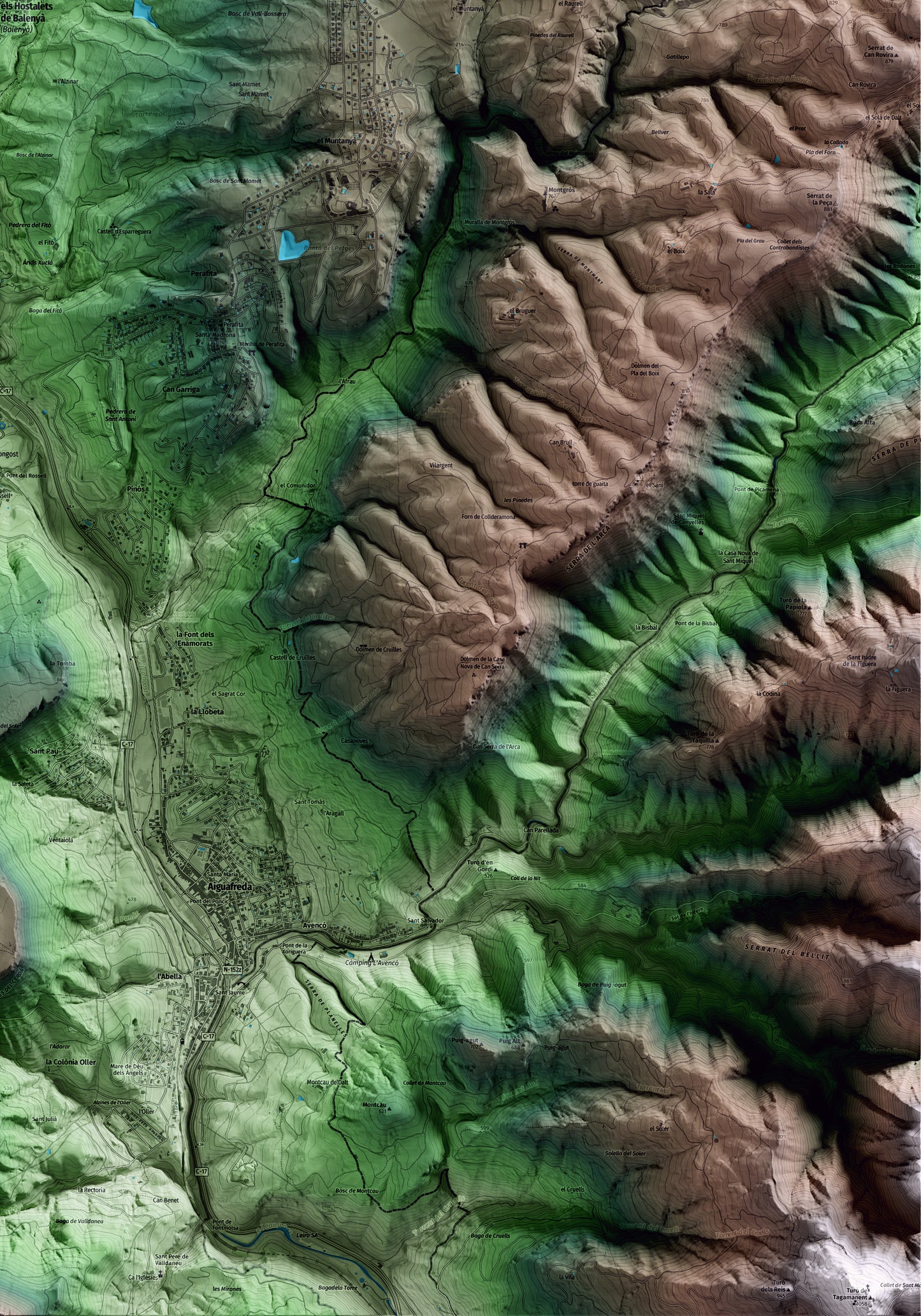 Mapa artístico del relieve de Balenyà, a Osona, con 15 km de entorno y base topográfica ICGC. Detalle de la zona inferior derecha.