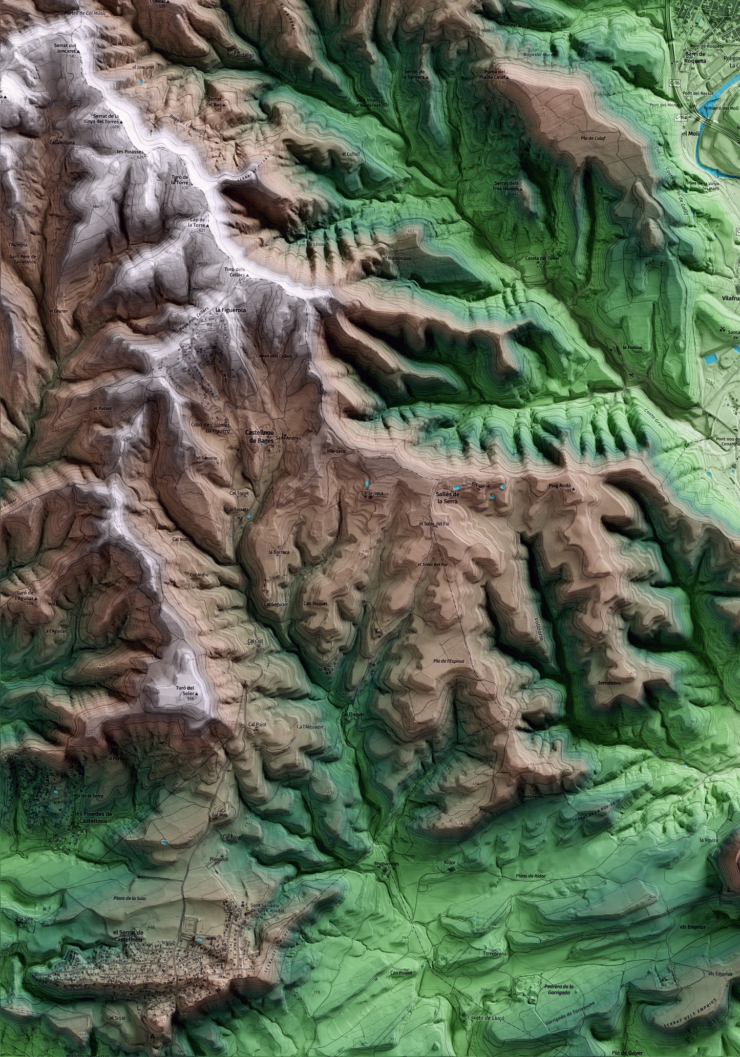 Mapa artístic del relleu de Balsareny, al Bages, amb 15 km d’entorn i base topogràfica ICGC. Detall de la zona inferior esquerra.