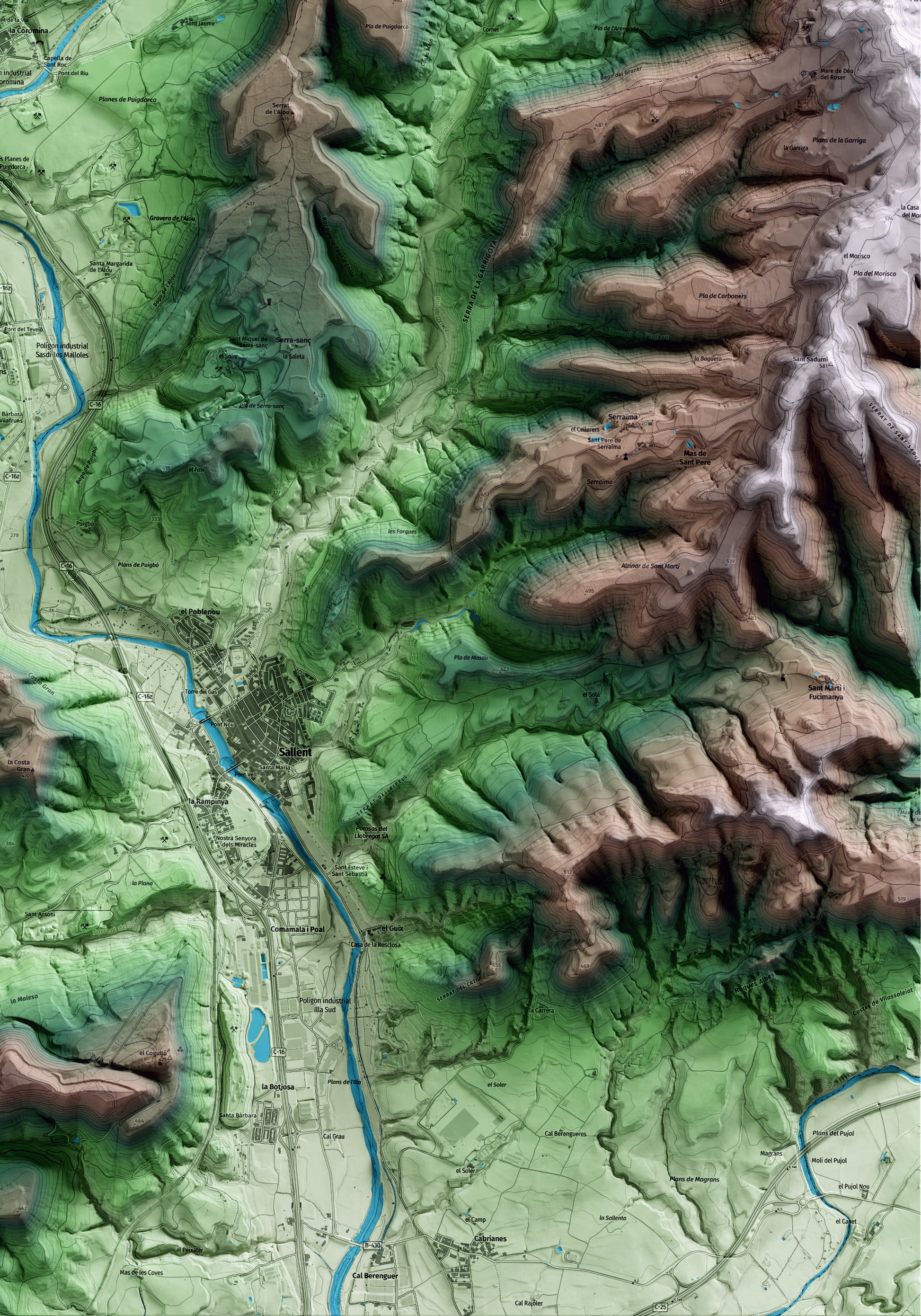 Mapa artístic del relleu de Balsareny, al Bages, amb 15 km d’entorn i base topogràfica ICGC. Detall de la zona inferior dreta.