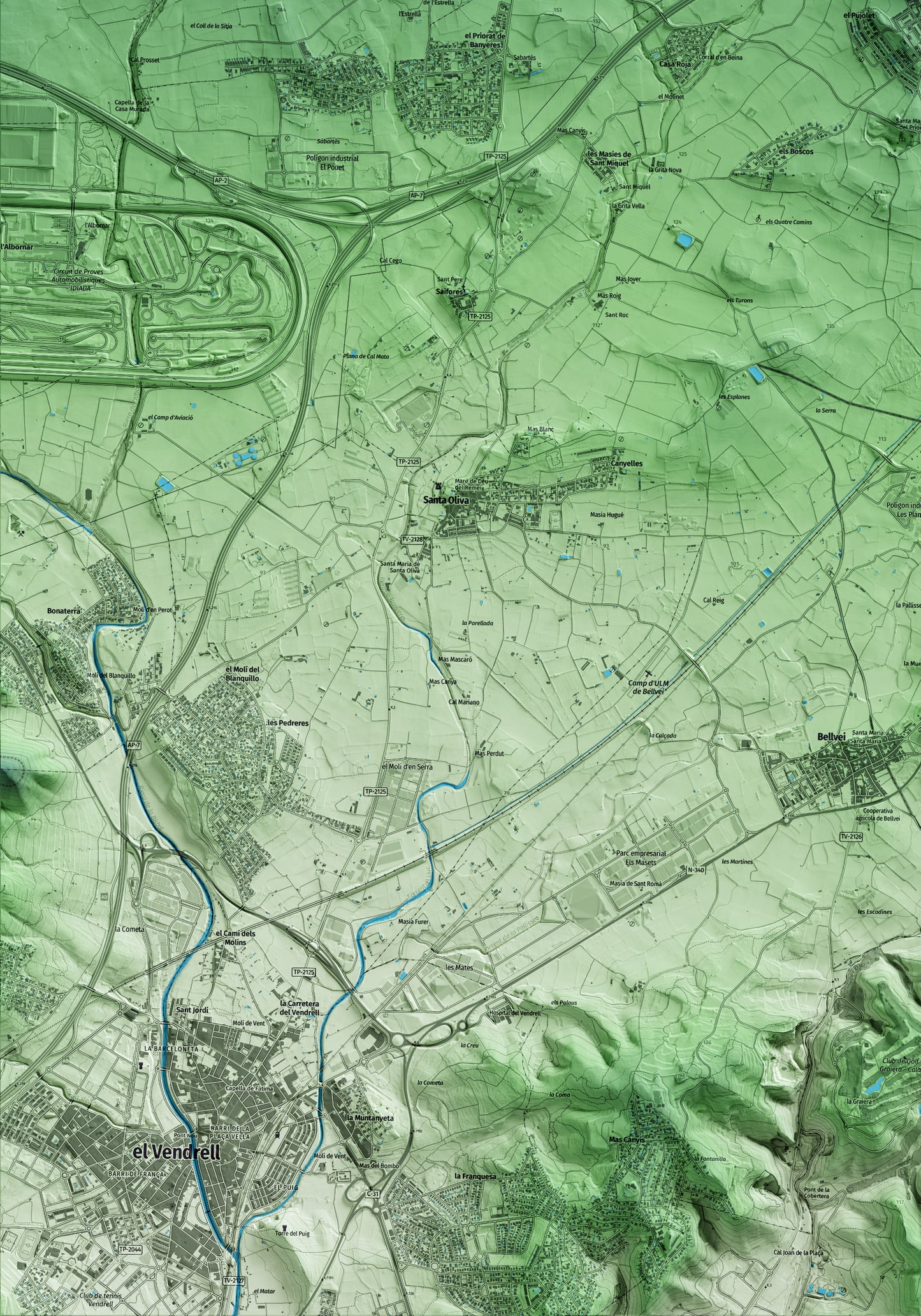 Mapa artístico del relieve de Banyeres del Penedès, al Baix Penedès, con 15 km de entorno y base topográfica ICGC. Detalle de la zona inferior izquierda.