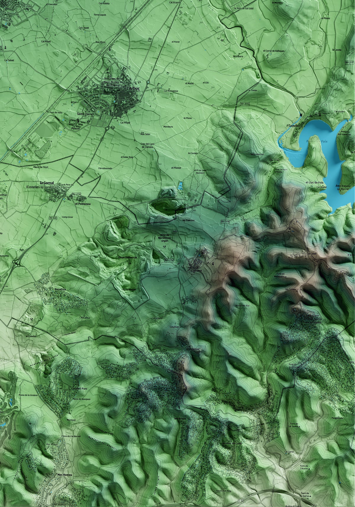 Mapa artístico del relieve de Banyeres del Penedès, al Baix Penedès, con 15 km de entorno y base topográfica ICGC. Detalle de la zona inferior derecha.