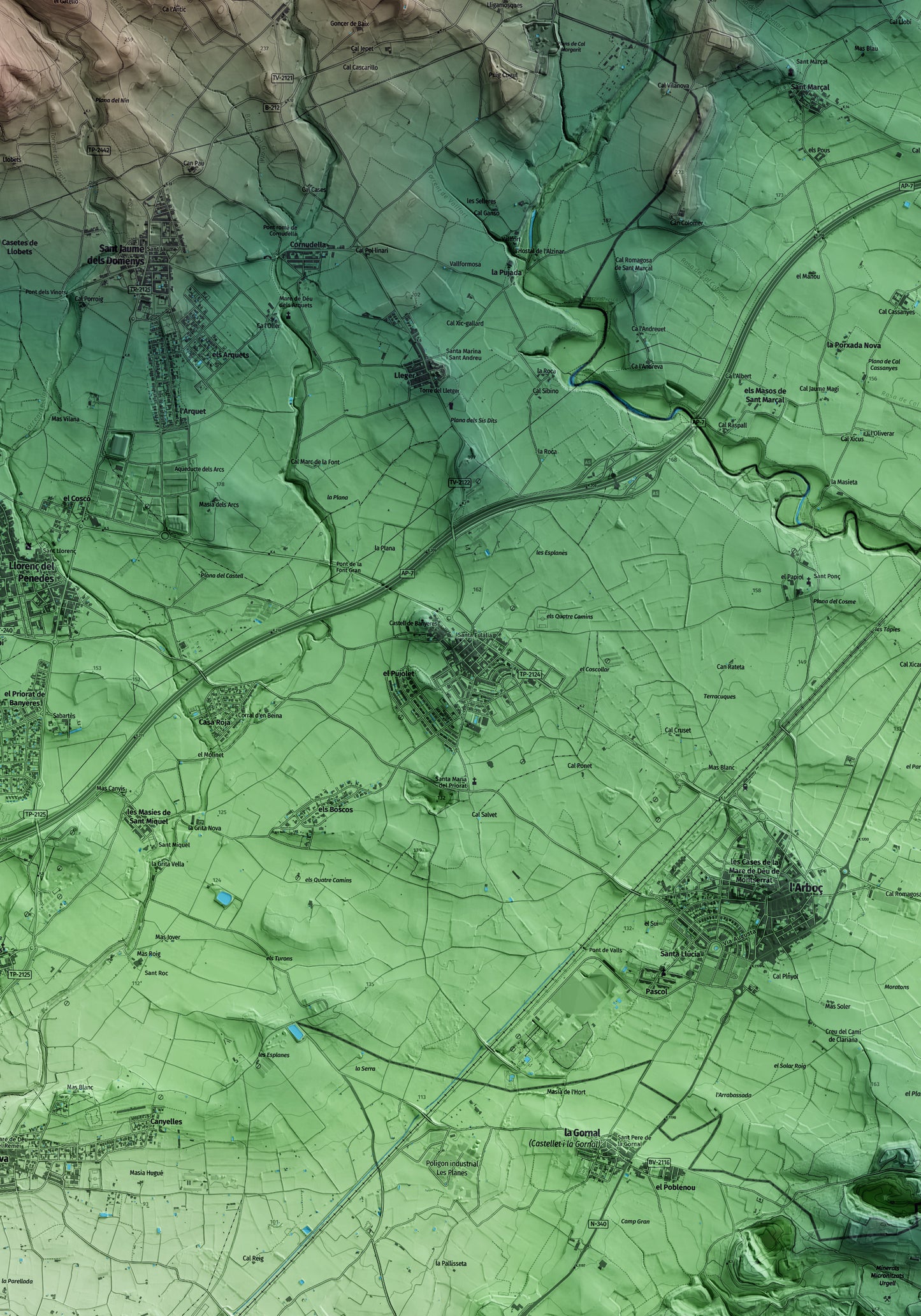 Mapa artístico del relieve de Banyeres del Penedès, al Baix Penedès, con 15 km de entorno y base topográfica ICGC. Detalle de la zona central.