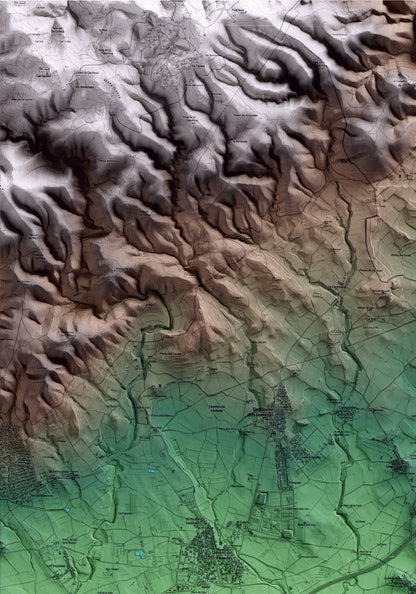 Mapa artístico del relieve de Banyeres del Penedès, al Baix Penedès, con 15 km de entorno y base topográfica ICGC. Detalle de la zona superior izquierda.