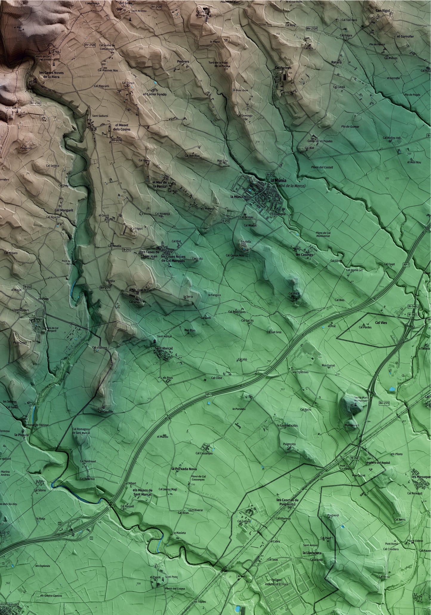 Mapa artístico del relieve de Banyeres del Penedès, al Baix Penedès, con 15 km de entorno y base topográfica ICGC. Detalle de la zona superior derecha.