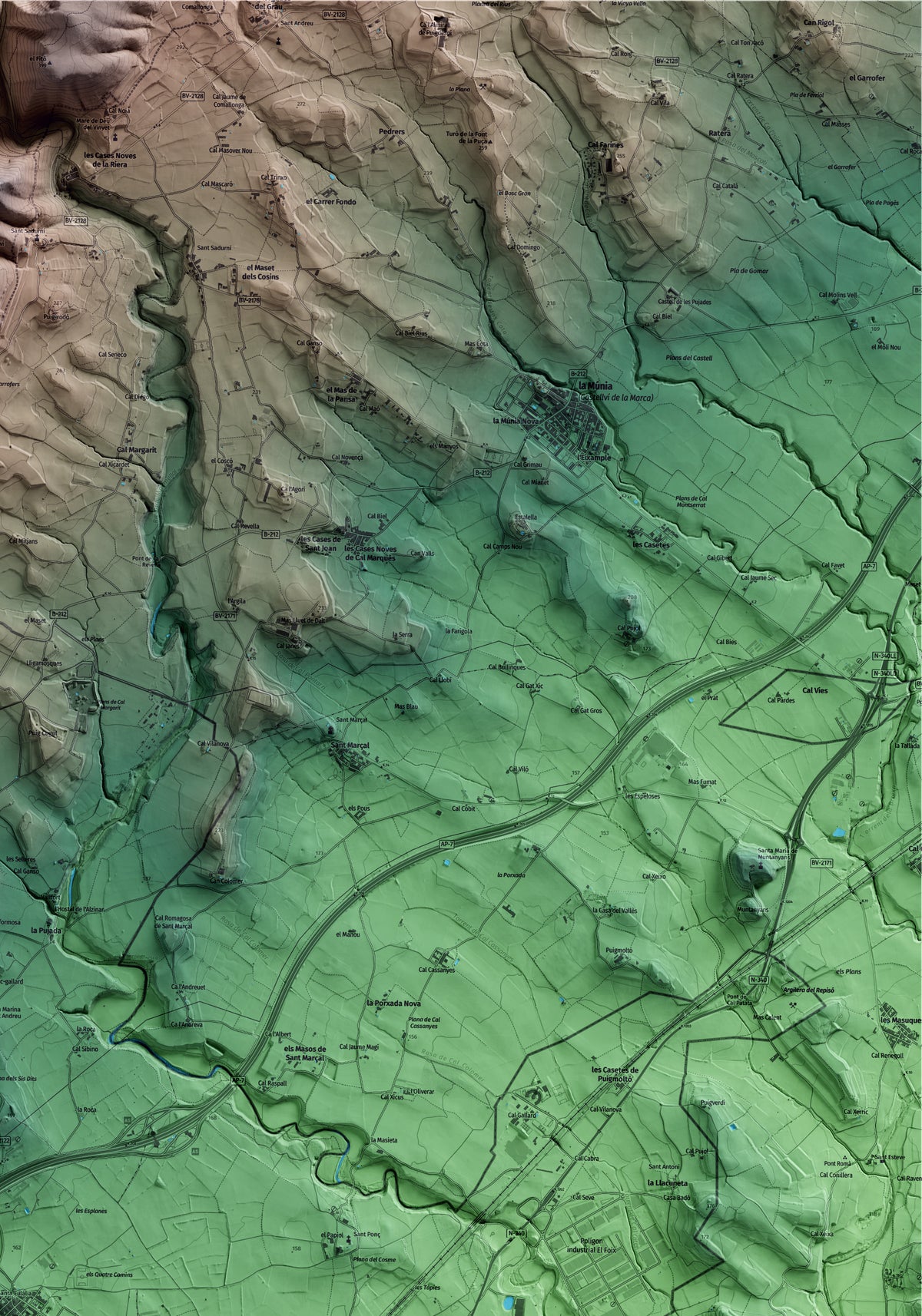 Mapa artístico del relieve de Banyeres del Penedès, al Baix Penedès, con 15 km de entorno y base topográfica ICGC. Detalle de la zona superior derecha.