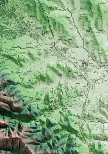 Mapa artístico del relieve de Banyoles, en el Pla de l'Estany, con 15 km de entorno y base topográfica ICGC. Detalle de la zona inferior derecha.