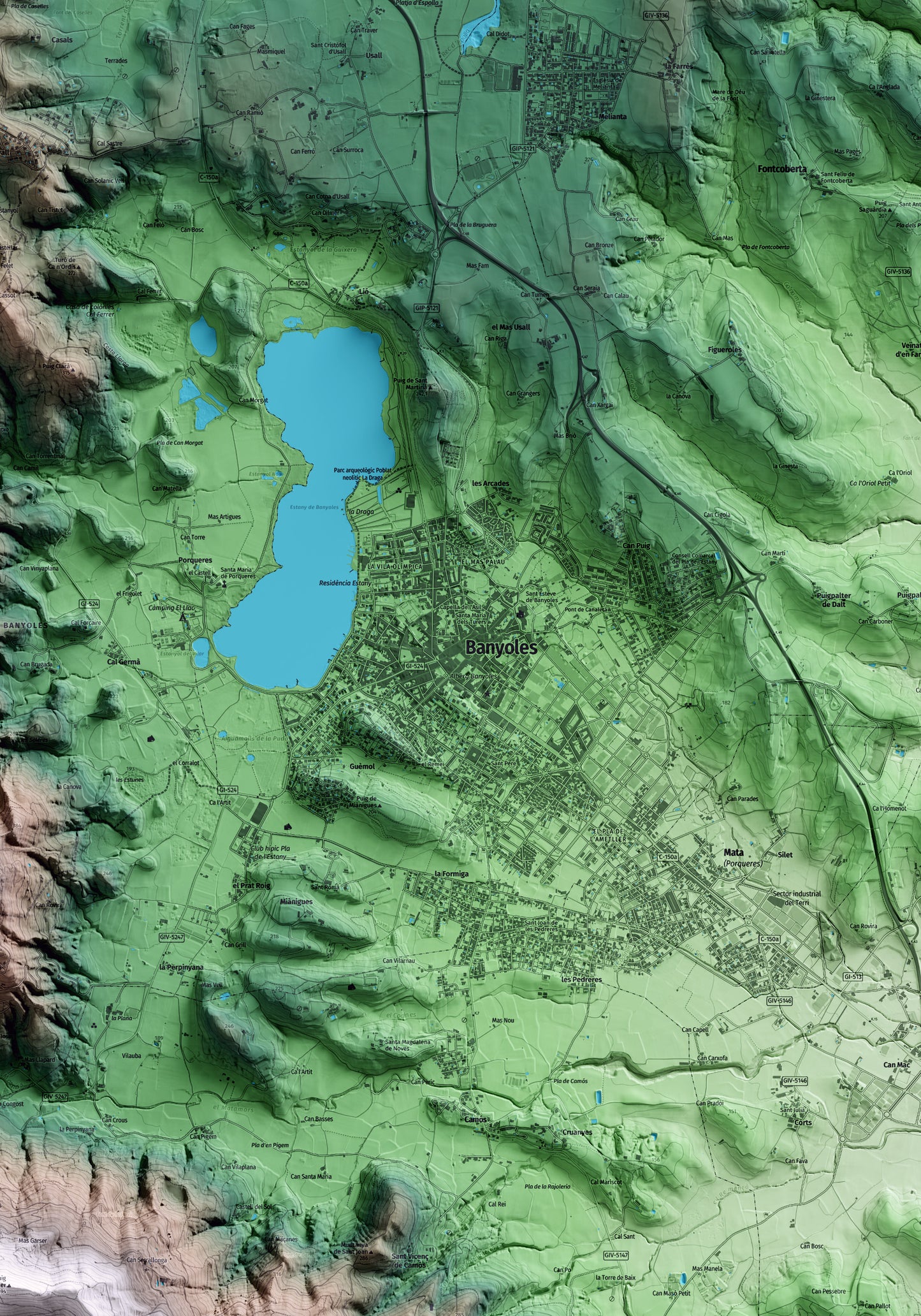 Mapa artístico del relieve de Banyoles, en el Pla de l'Estany, con 15 km de entorno y base topográfica ICGC. Detalle de la zona central.
