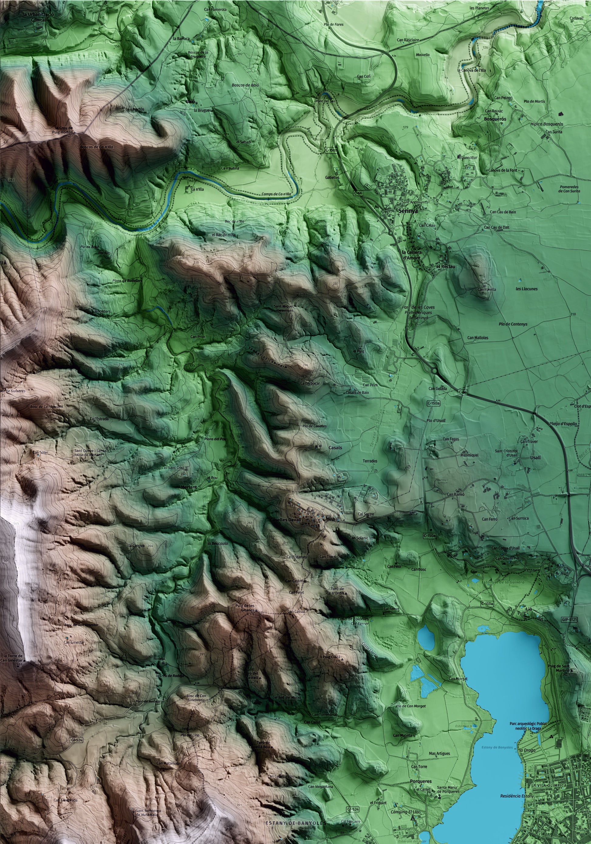 Mapa artístico del relieve de Banyoles, en el Pla de l'Estany, con 15 km de entorno y base topográfica ICGC. Detalle de la zona superior izquierda.