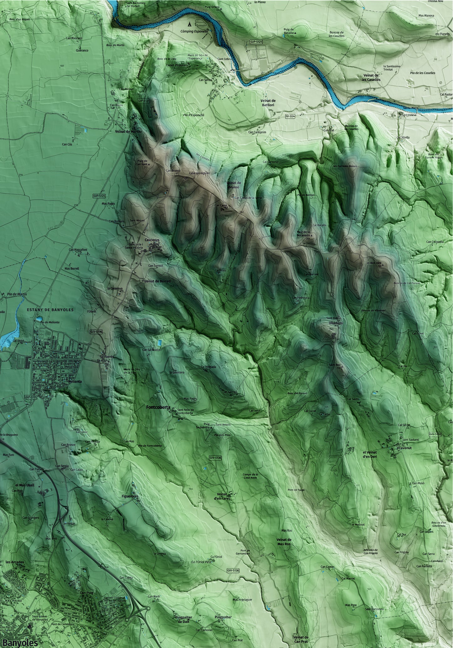 Mapa artístico del relieve de Banyoles, en el Pla de l'Estany, con 15 km de entorno y base topográfica ICGC. Detalle de la zona superior derecha.