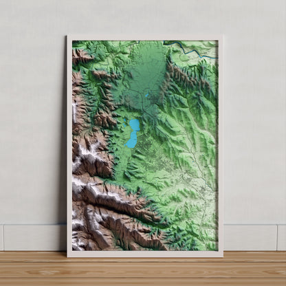 Mapa artístico del relieve de Banyoles, en el Pla de l'Estany, con 15 km de entorno y base topográfica ICGC. Presentación enmarcada.