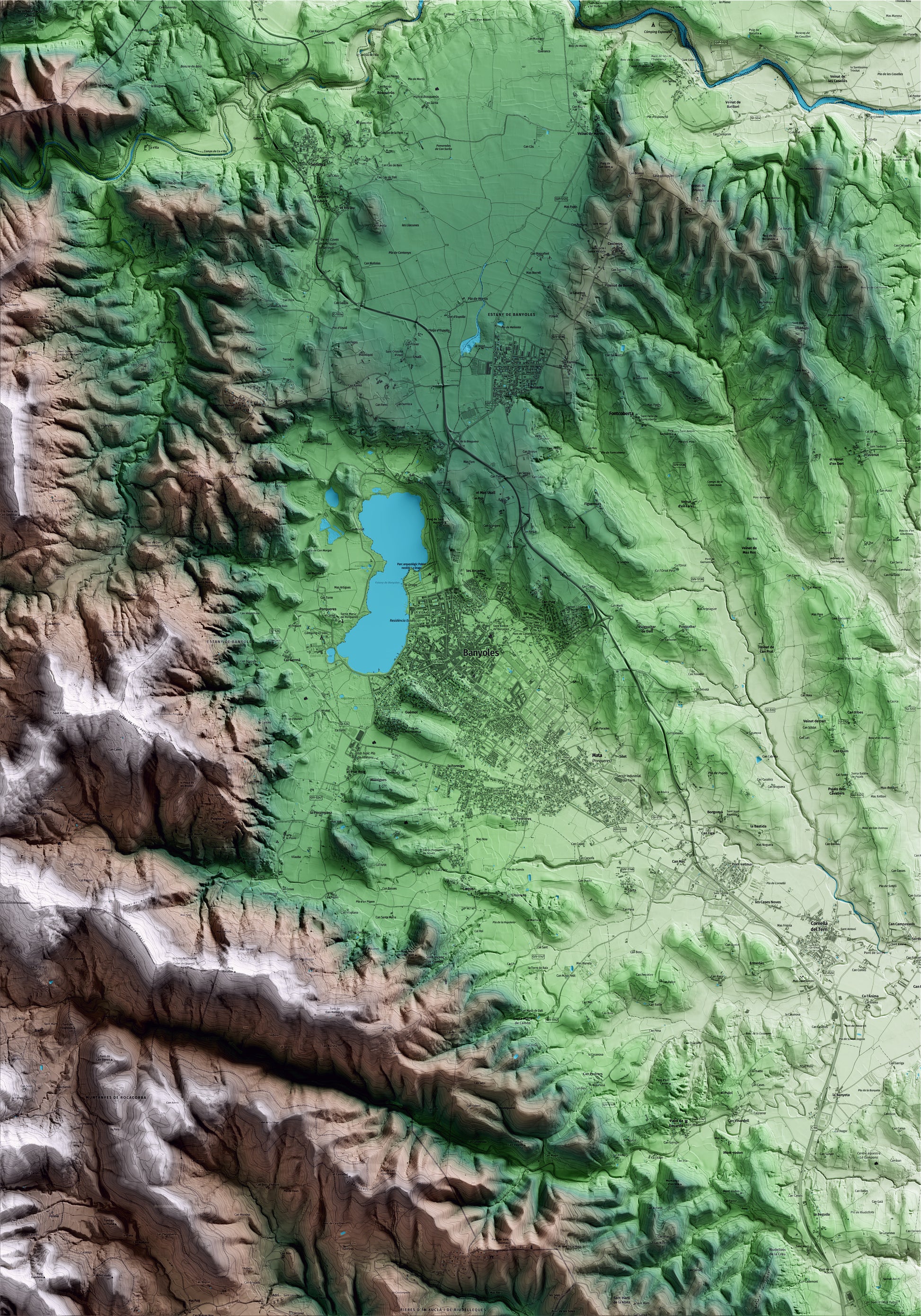 Mapa artístico del relieve de Banyoles, en el Pla de l'Estany, con 15 km de entorno y base topográfica ICGC