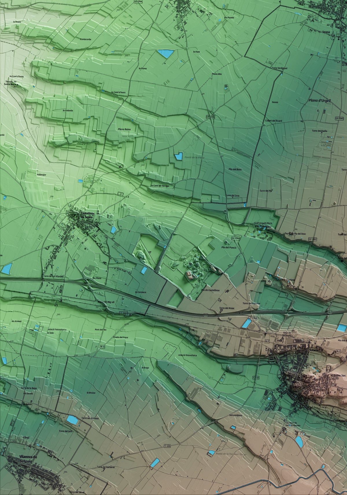 Mapa artístico del relieve de Barbens, en el Pla d'Urgell, con 15 km de entorno y base topográfica ICGC. Detalle de la zona inferior izquierda.