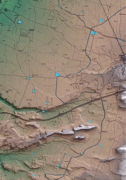 Mapa artístico del relieve de Barbens, en el Pla d'Urgell, con 15 km de entorno y base topográfica ICGC. Detalle de la zona inferior derecha.