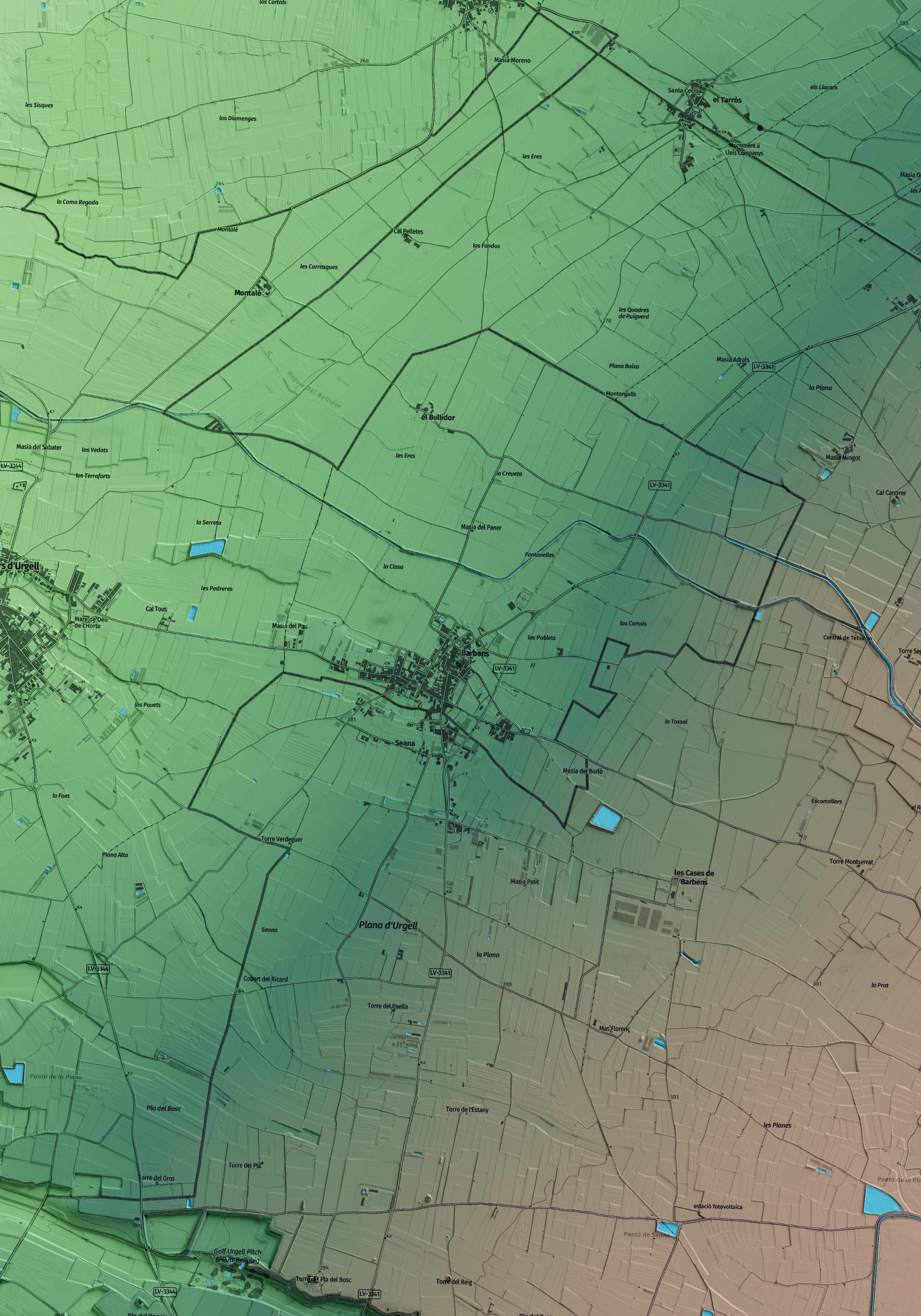Mapa artístico del relieve de Barbens, en el Pla d'Urgell, con 15 km de entorno y base topográfica ICGC. Detalle de la zona central.