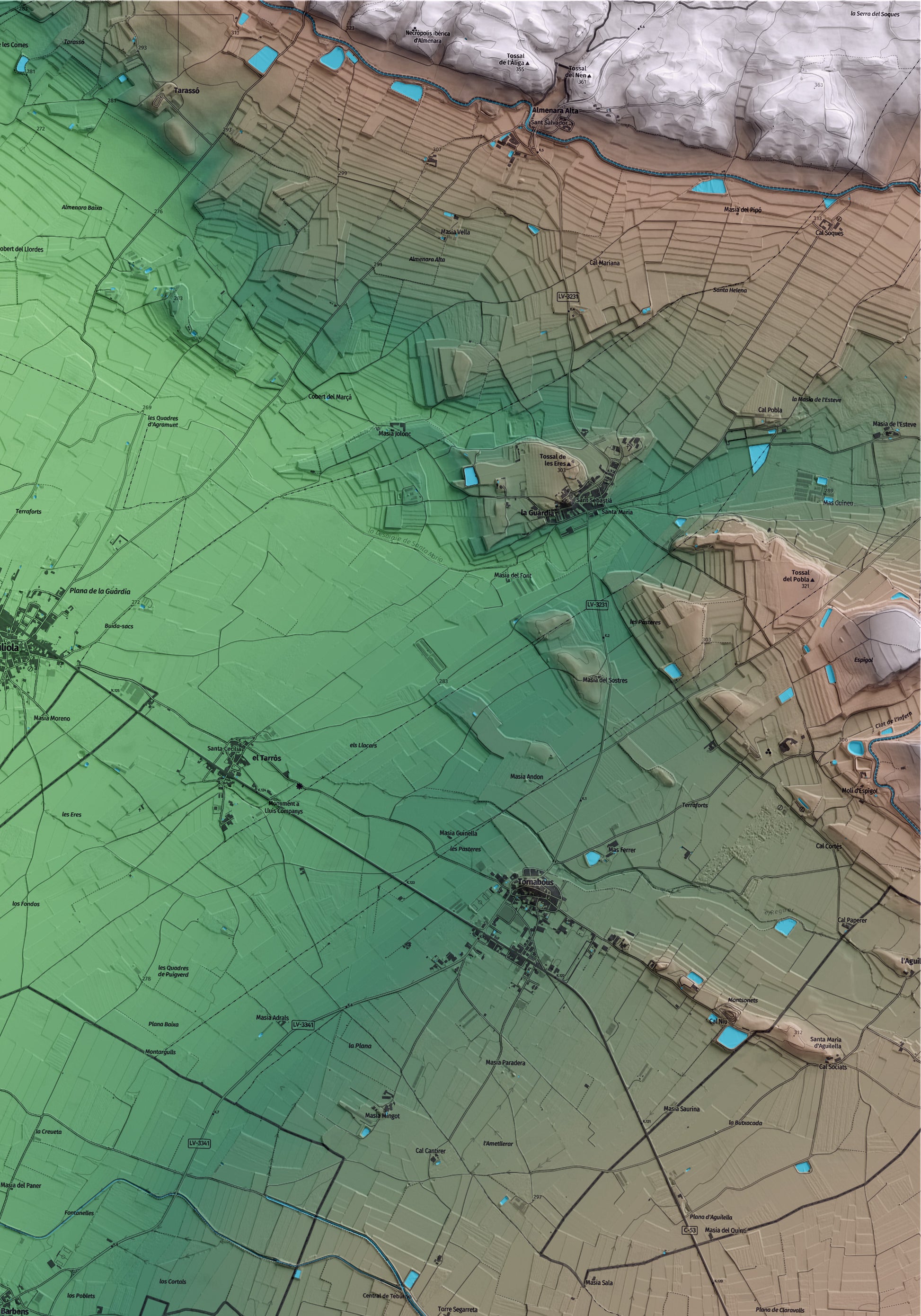 Mapa artístico del relieve de Barbens, en el Pla d'Urgell, con 15 km de entorno y base topográfica ICGC. Detalle de la zona superior derecha.