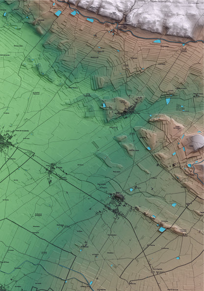 Mapa artístico del relieve de Barbens, en el Pla d'Urgell, con 15 km de entorno y base topográfica ICGC. Detalle de la zona superior derecha.