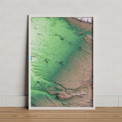 Mapa artístico del relieve de Barbens, en el Pla d'Urgell, con 15 km de entorno y base topográfica ICGC. Presentación enmarcada.
