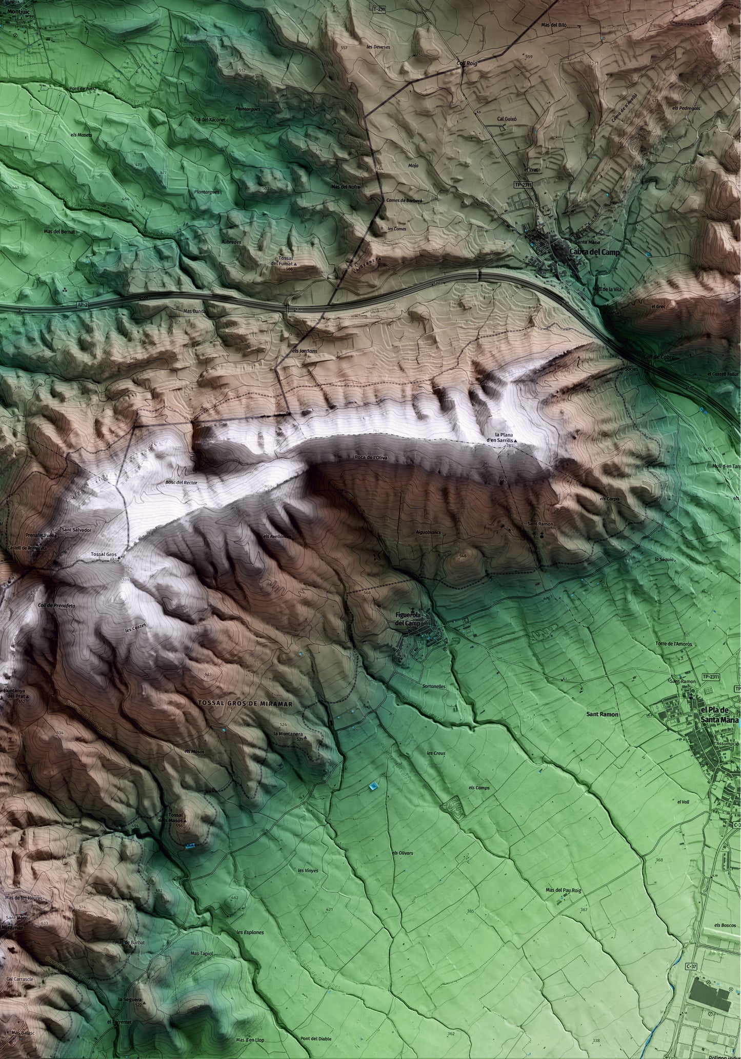 Mapa artístico del relieve de Barberà de la Conca, a la Conca de Barberà, con 15 km de entorno y base topográfica ICGC. Detalle de la zona inferior derecha.