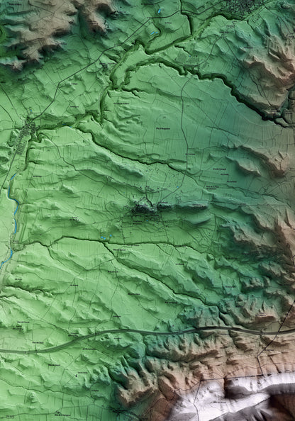 Mapa artístico del relieve de Barberà de la Conca, a la Conca de Barberà, con 15 km de entorno y base topográfica ICGC. Detalle de la zona central.