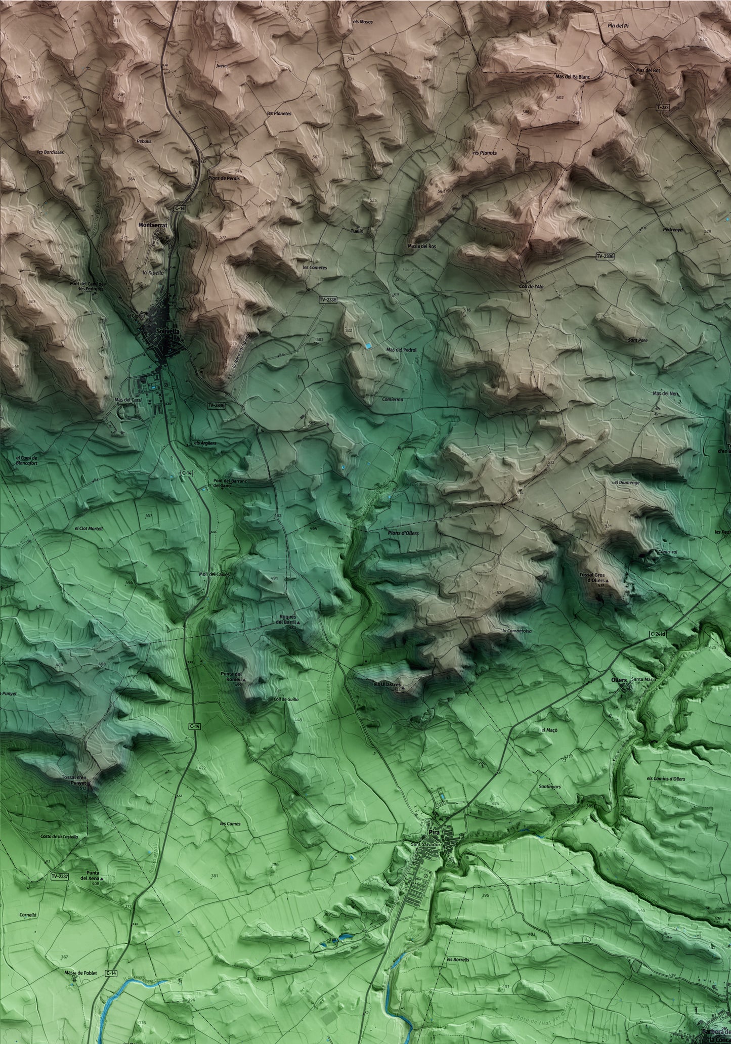 Mapa artístico del relieve de Barberà de la Conca, a la Conca de Barberà, con 15 km de entorno y base topográfica ICGC. Detalle de la zona superior izquierda.