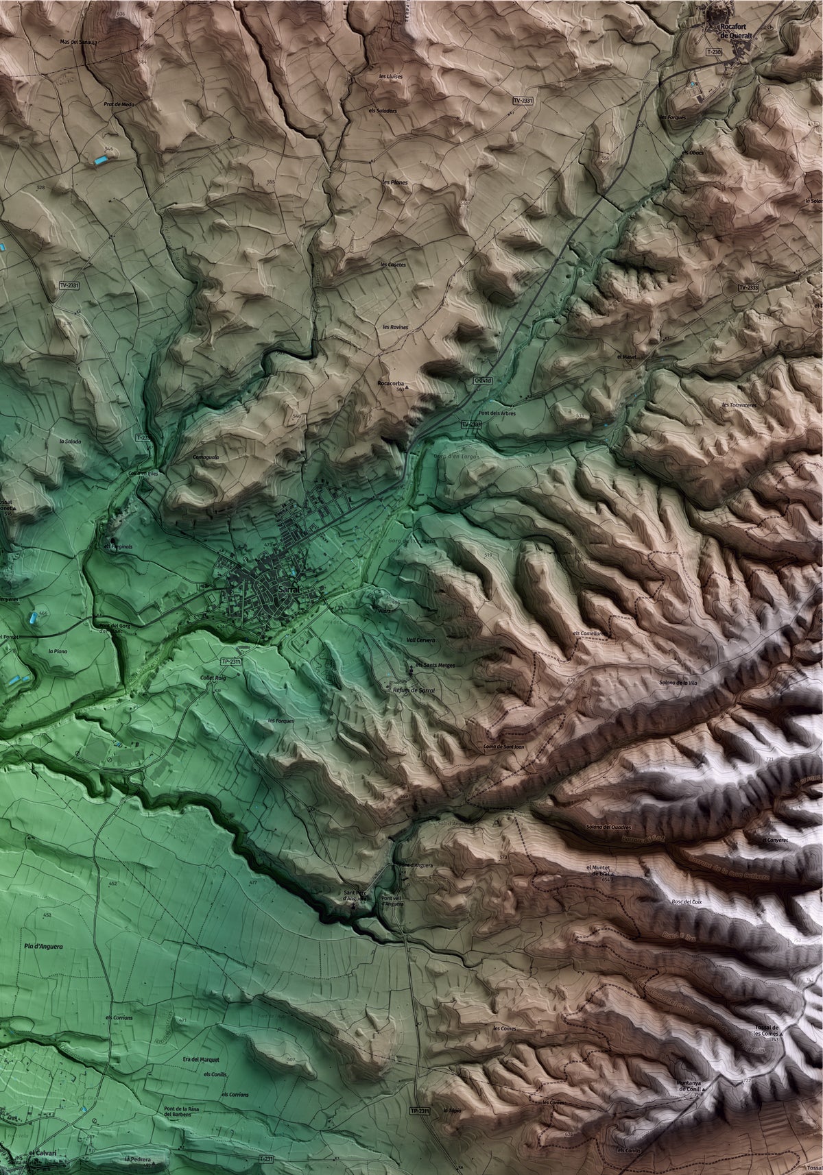 Mapa artístico del relieve de Barberà de la Conca, a la Conca de Barberà, con 15 km de entorno y base topográfica ICGC. Detalle de la zona superior derecha.