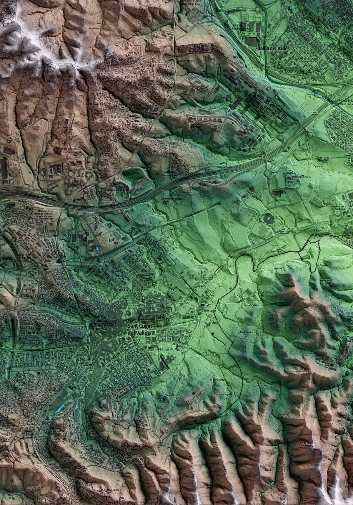 Mapa artístico del relieve de Barberà del Vallès, al Vallès Occidental, con 15 km de entorno y base topográfica ICGC. Detalle de la zona inferior izquierda.