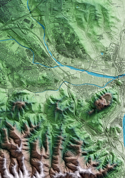 Mapa artístico del relieve de Barberà del Vallès, al Vallès Occidental, con 15 km de entorno y base topográfica ICGC. Detalle de la zona inferior derecha.