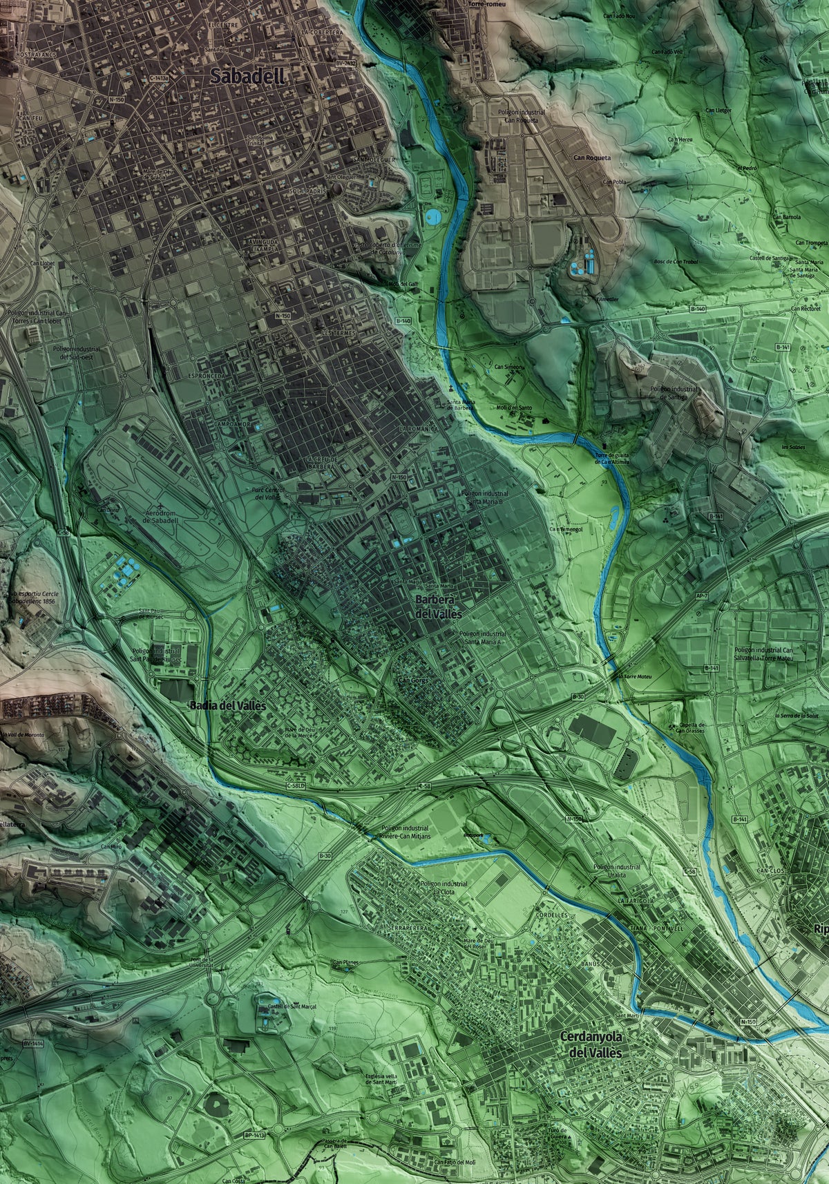 Mapa artístico del relieve de Barberà del Vallès, al Vallès Occidental, con 15 km de entorno y base topográfica ICGC. Detalle de la zona central.