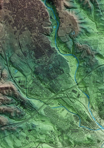Mapa artístico del relieve de Barberà del Vallès, al Vallès Occidental, con 15 km de entorno y base topográfica ICGC. Detalle de la zona central.