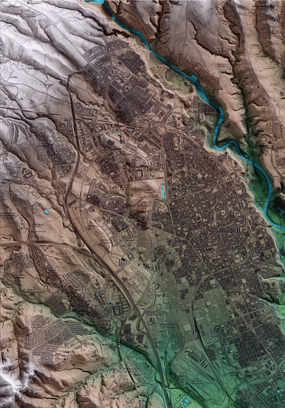 Mapa artístico del relieve de Barberà del Vallès, al Vallès Occidental, con 15 km de entorno y base topográfica ICGC. Detalle de la zona superior izquierda.