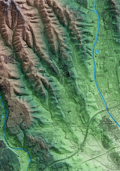 Mapa artístico del relieve de Barberà del Vallès, al Vallès Occidental, con 15 km de entorno y base topográfica ICGC. Detalle de la zona superior derecha.