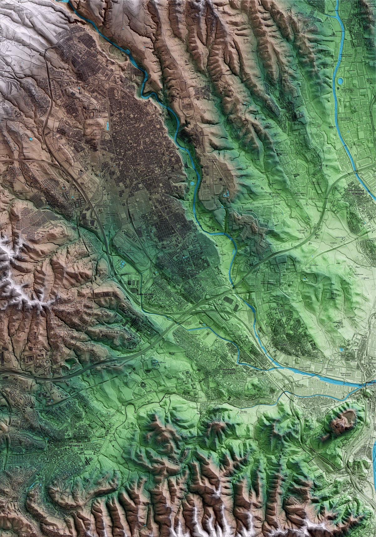Mapa artístico del relieve de Barberà del Vallès, al Vallès Occidental, con 15 km de entorno y base topográfica ICGC